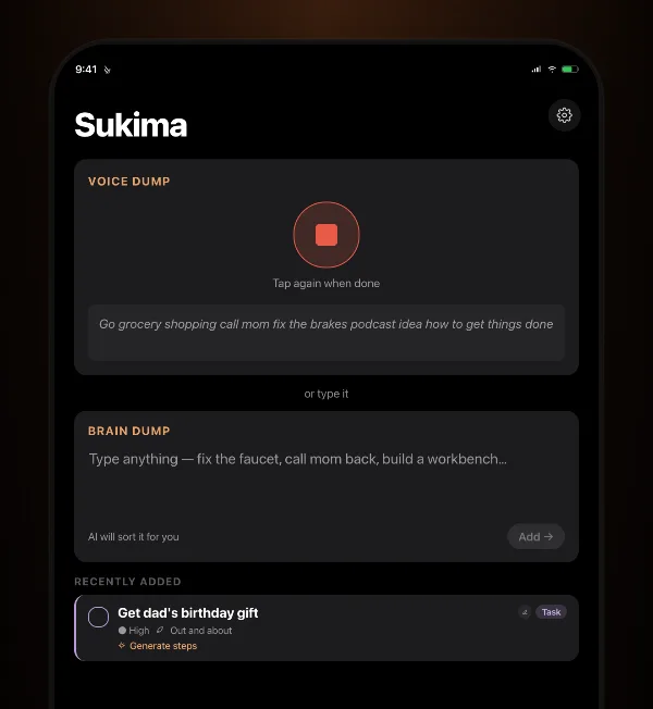 Sukima voice and text capture, tell Sukima everything and the AI sorts it